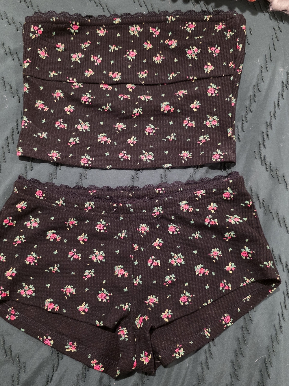 Edikted Black Floral Ribbed Bandeau & Shorts Set